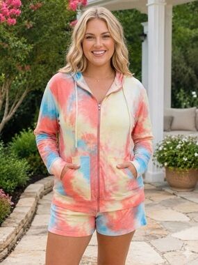 Vibrant Tie-Dye Hoodie & Drawstring Shorts Set - Multicolor